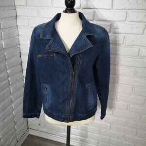 Per Se Ladies Size Large Medium Wash Offset Full Zipper Straight Fit Jean Jacket